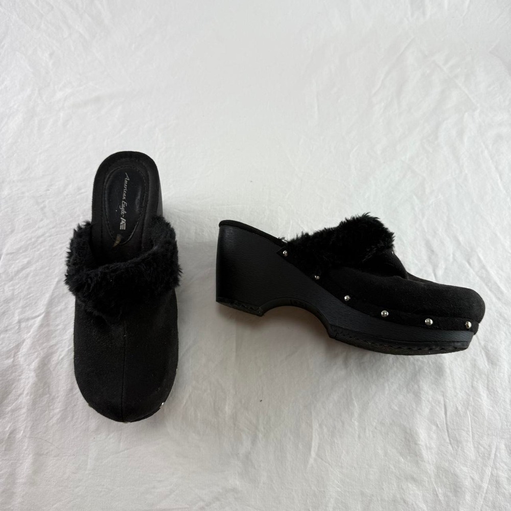 American Eagle Black Faux Fur Platform Clogs Womens 8 Y2k Whimsigoth